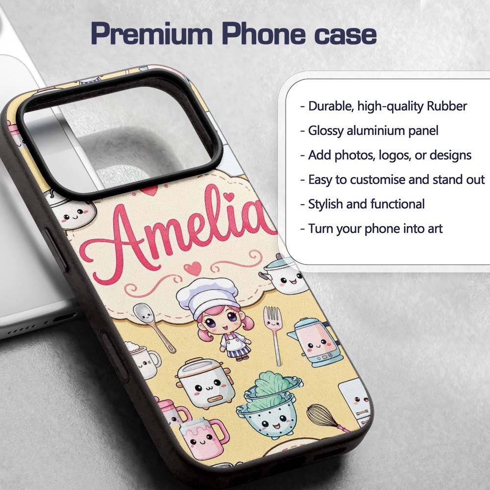 Cute Kawaii Utensils And Chef Girl Printed Design Custom Name Protective Phone Case Mobile Cover Durable Everyday Smartphone Shock Resistant