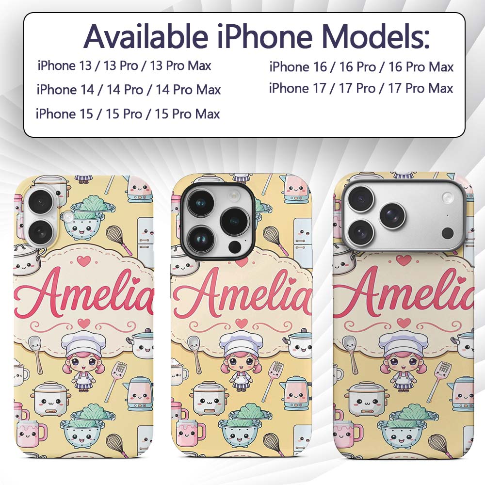 Cute Kawaii Utensils And Chef Girl Printed Design Custom Name Protective Phone Case Mobile Cover Durable Everyday Smartphone Shock Resistant