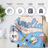 Cute Kawaii School Supplies And Study Seamless Pattern Blue Lovely  Personalised Custom Name Super Soft Fleece Blanket Bed Sofa Throw