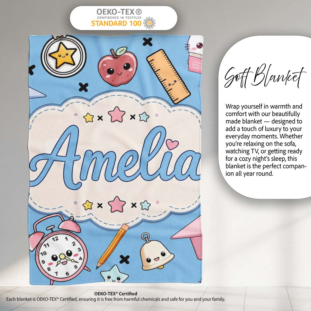 Cute Kawaii School Supplies And Study Seamless Pattern Blue Lovely  Personalised Custom Name Super Soft Fleece Blanket Bed Sofa Throw