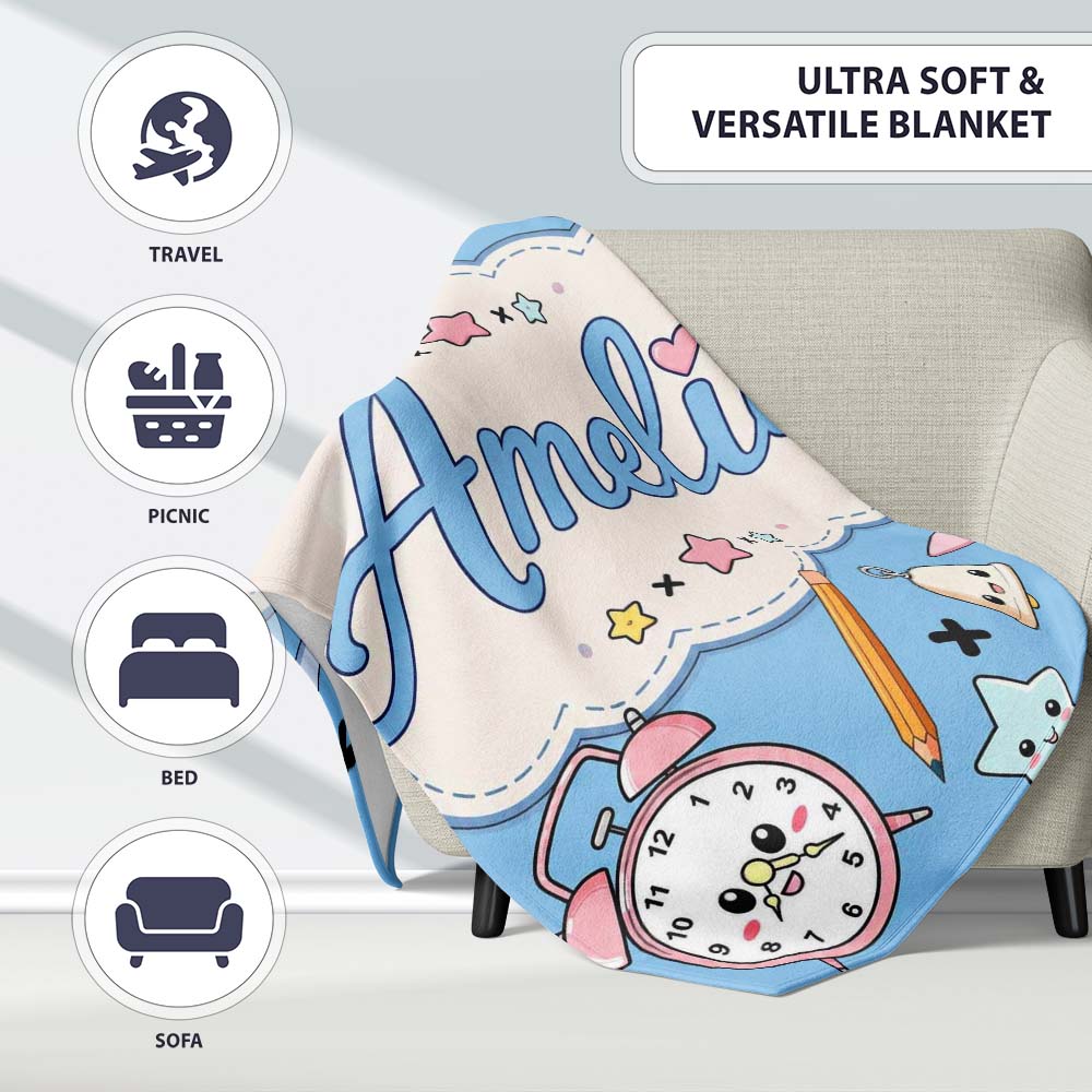 Cute Kawaii School Supplies And Study Seamless Pattern Blue Lovely  Personalised Custom Name Super Soft Fleece Blanket Bed Sofa Throw