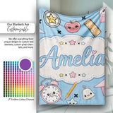 Cute Kawaii School Supplies And Study Seamless Pattern Blue Lovely  Personalised Custom Name Super Soft Fleece Blanket Bed Sofa Throw
