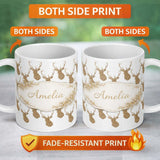 Personalized Custom Name Gold Glitter Deer Seamless Pattern Thoughtful Gift Idea Lovely 11oz Ceramic Coffee Tea Mug White Large Handle