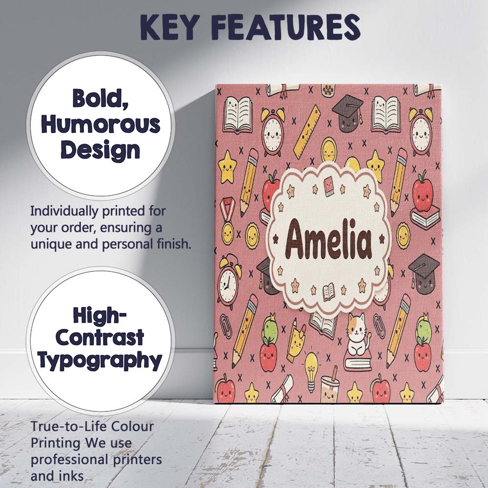 Personalised Name Cute Kawaii School Custom Premium Decorative Design Modern Room Accent Canvas Wall Art Print Decor Picture Ready to Hang