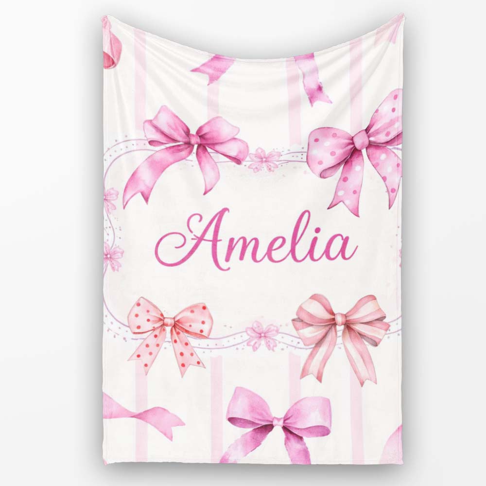 Watercolor Pink Ribbon Bow Seamless Pattern with Blush Pink Stripes  Personalised Custom Name Super Soft Fleece Blanket Bed Sofa Throw