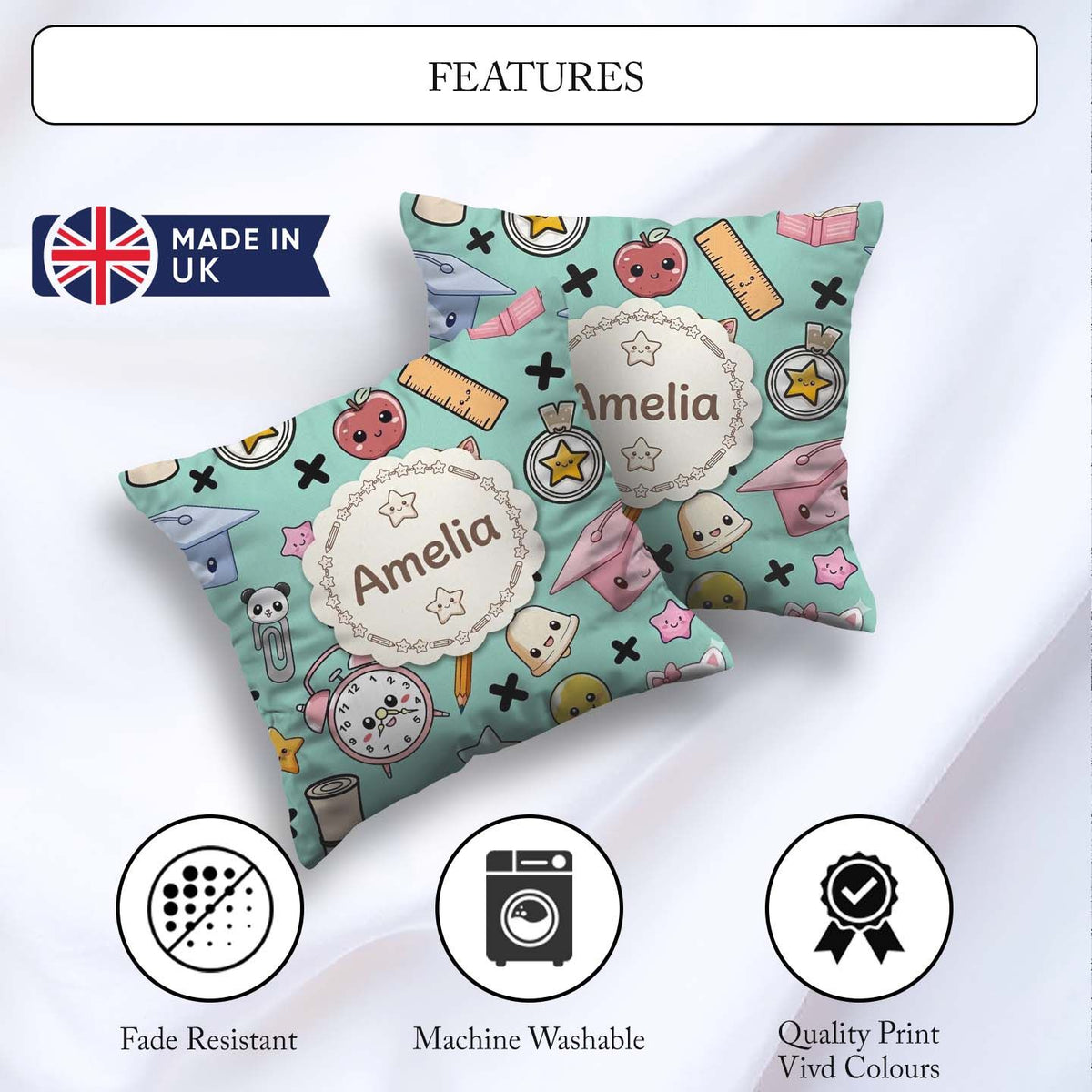 Custom Name Cute Kawaii Supplies And Study Seamless Pattern Mint Square Filled Cushion Throw Pillow Sofa Bed Home Decor Zip Washable UK Made