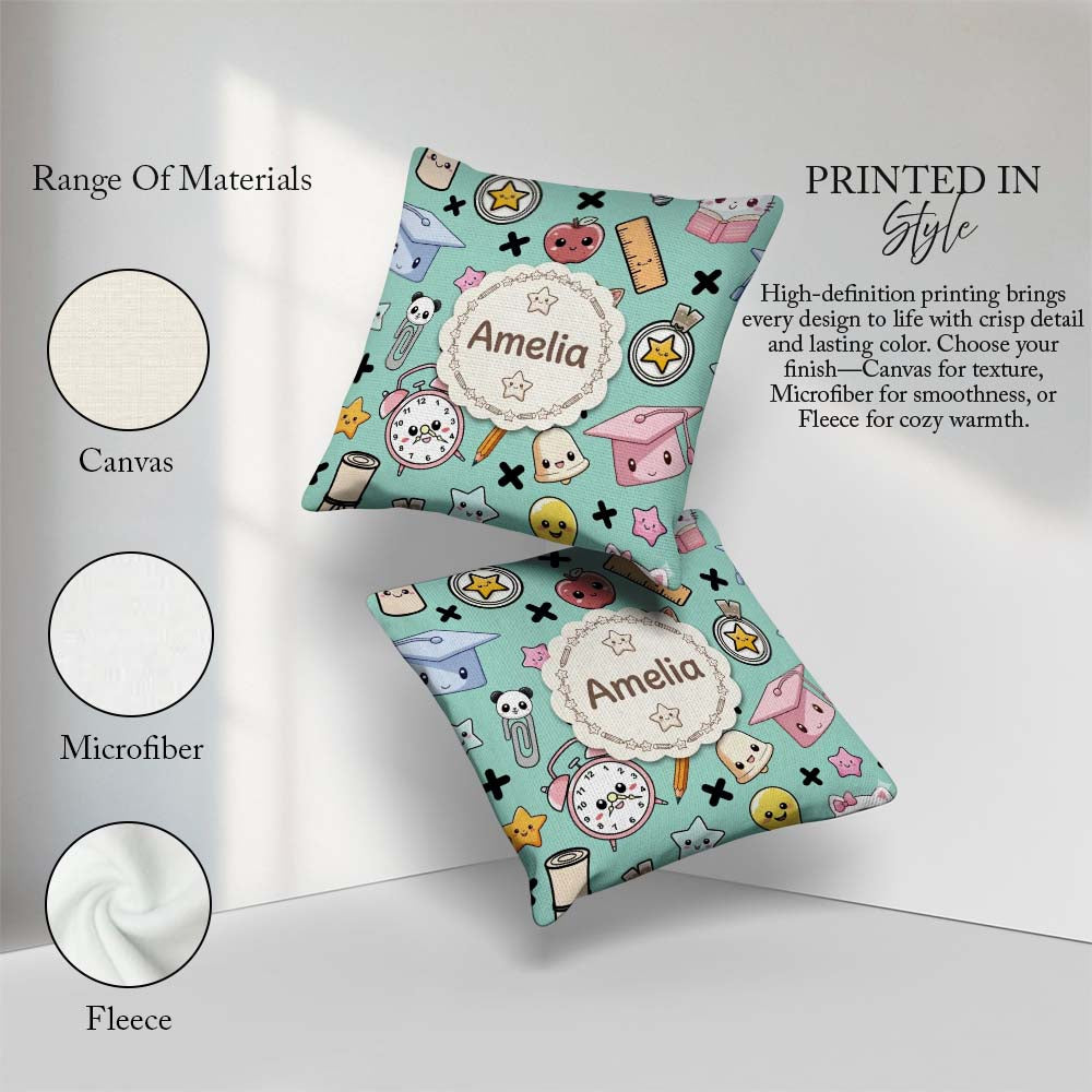 Custom Name Cute Kawaii Supplies And Study Seamless Pattern Mint Square Filled Cushion Throw Pillow Sofa Bed Home Decor Zip Washable UK Made