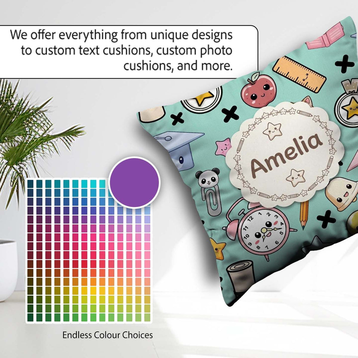 Custom Name Cute Kawaii Supplies And Study Seamless Pattern Mint Square Filled Cushion Throw Pillow Sofa Bed Home Decor Zip Washable UK Made