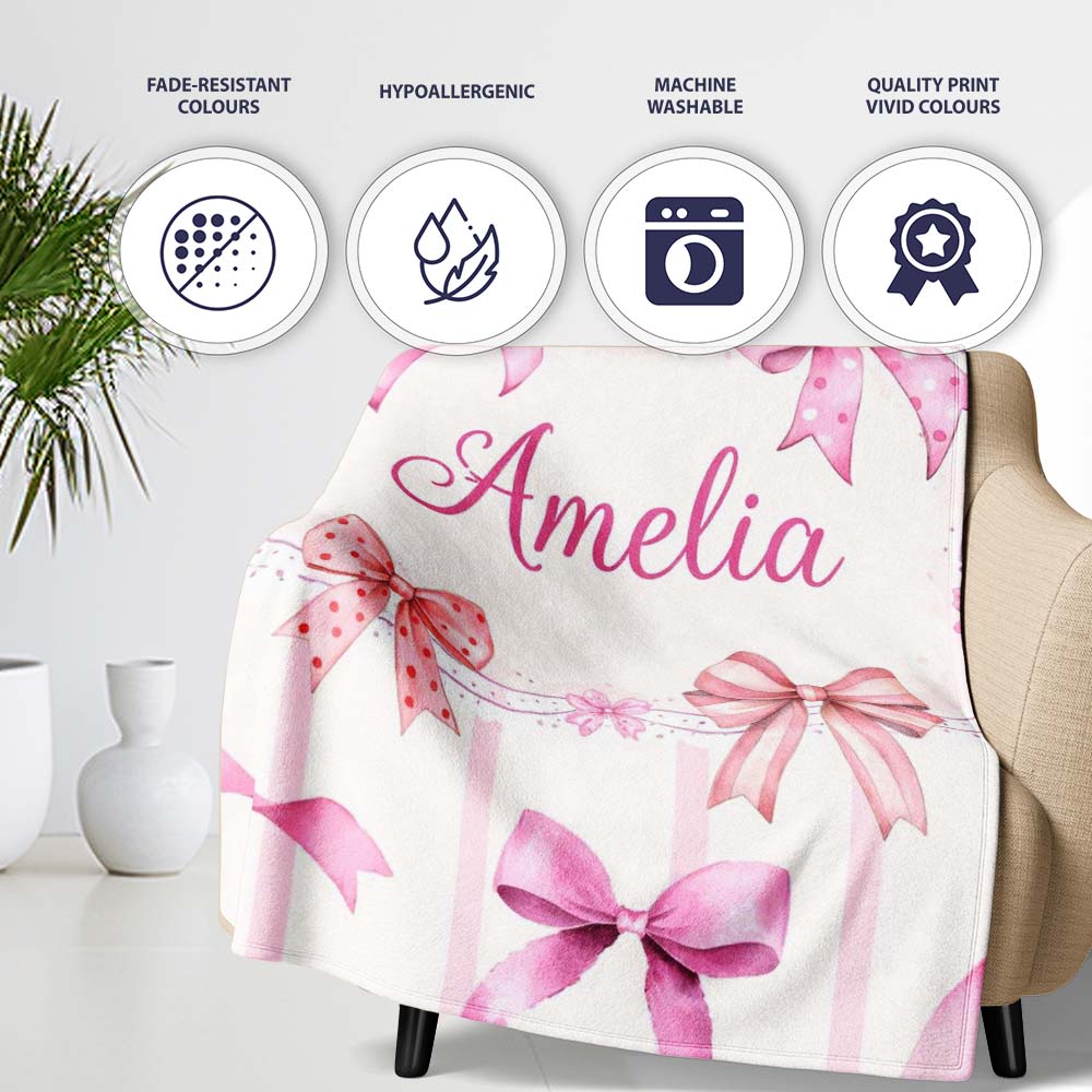 Watercolor Pink Ribbon Bow Seamless Pattern with Blush Pink Stripes  Personalised Custom Name Super Soft Fleece Blanket Bed Sofa Throw