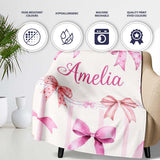 Watercolor Pink Ribbon Bow Seamless Pattern with Blush Pink Stripes  Personalised Custom Name Super Soft Fleece Blanket Bed Sofa Throw