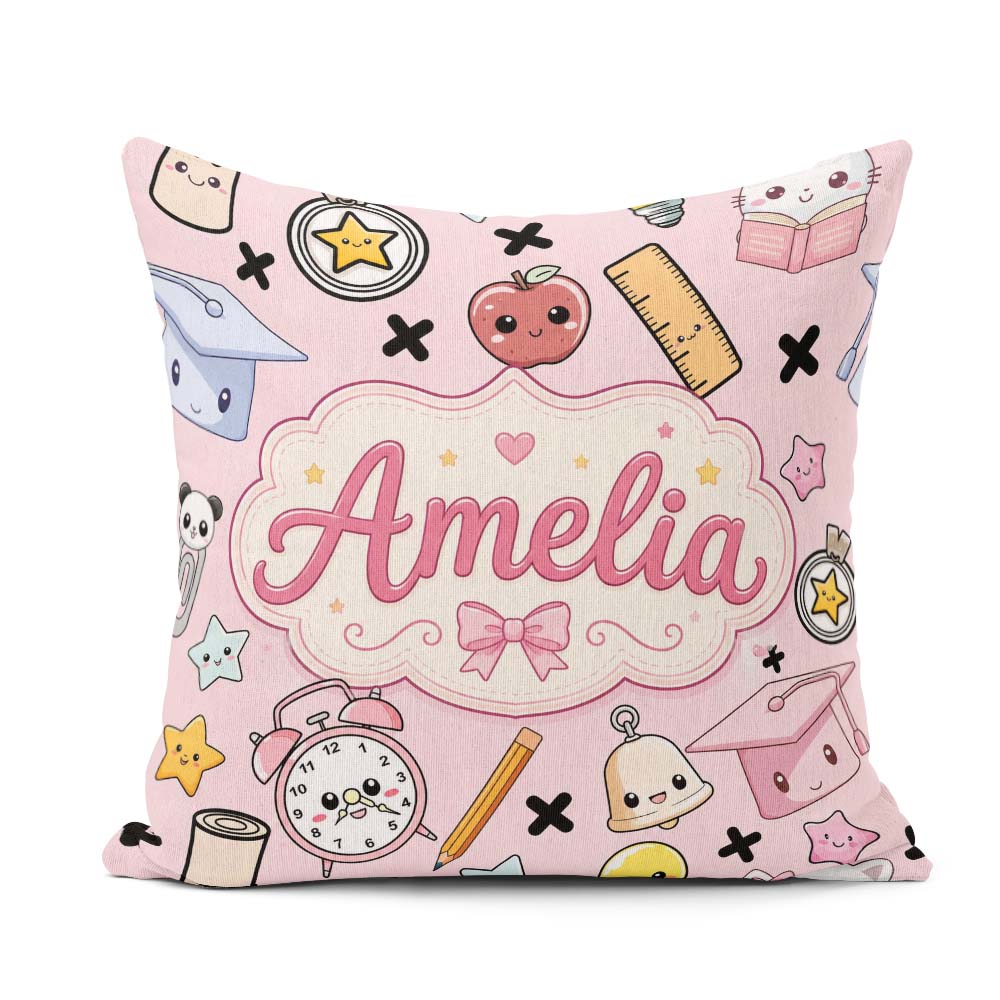 Custom Name Cute Kawaii Supplies And Study Seamless Pattern Pink Square Filled Cushion Throw Pillow Sofa Bed Home Decor Zip Washable UK Made