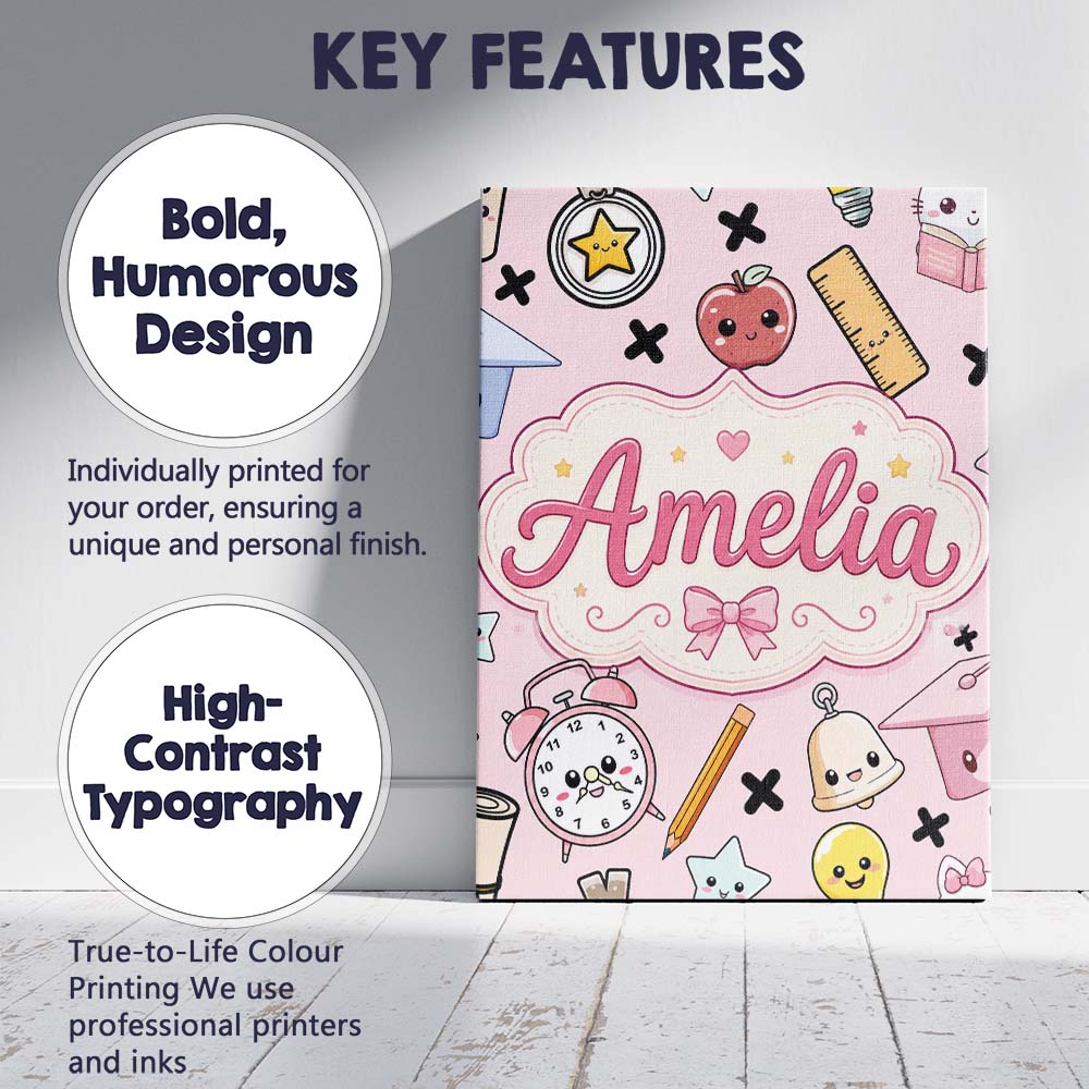 Personalised Name Cute Kawaii School Custom Premium Decorative Design Modern Room Accent Canvas Wall Art Print Decor Picture Ready to Hang