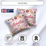 Custom Name Cute Kawaii Supplies And Study Seamless Pattern Pink Square Filled Cushion Throw Pillow Sofa Bed Home Decor Zip Washable UK Made