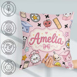 Custom Name Cute Kawaii Supplies And Study Seamless Pattern Pink Square Filled Cushion Throw Pillow Sofa Bed Home Decor Zip Washable UK Made