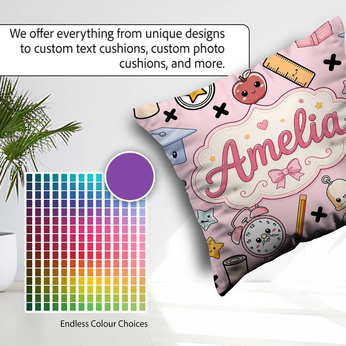 Custom Name Cute Kawaii Supplies And Study Seamless Pattern Pink Square Filled Cushion Throw Pillow Sofa Bed Home Decor Zip Washable UK Made