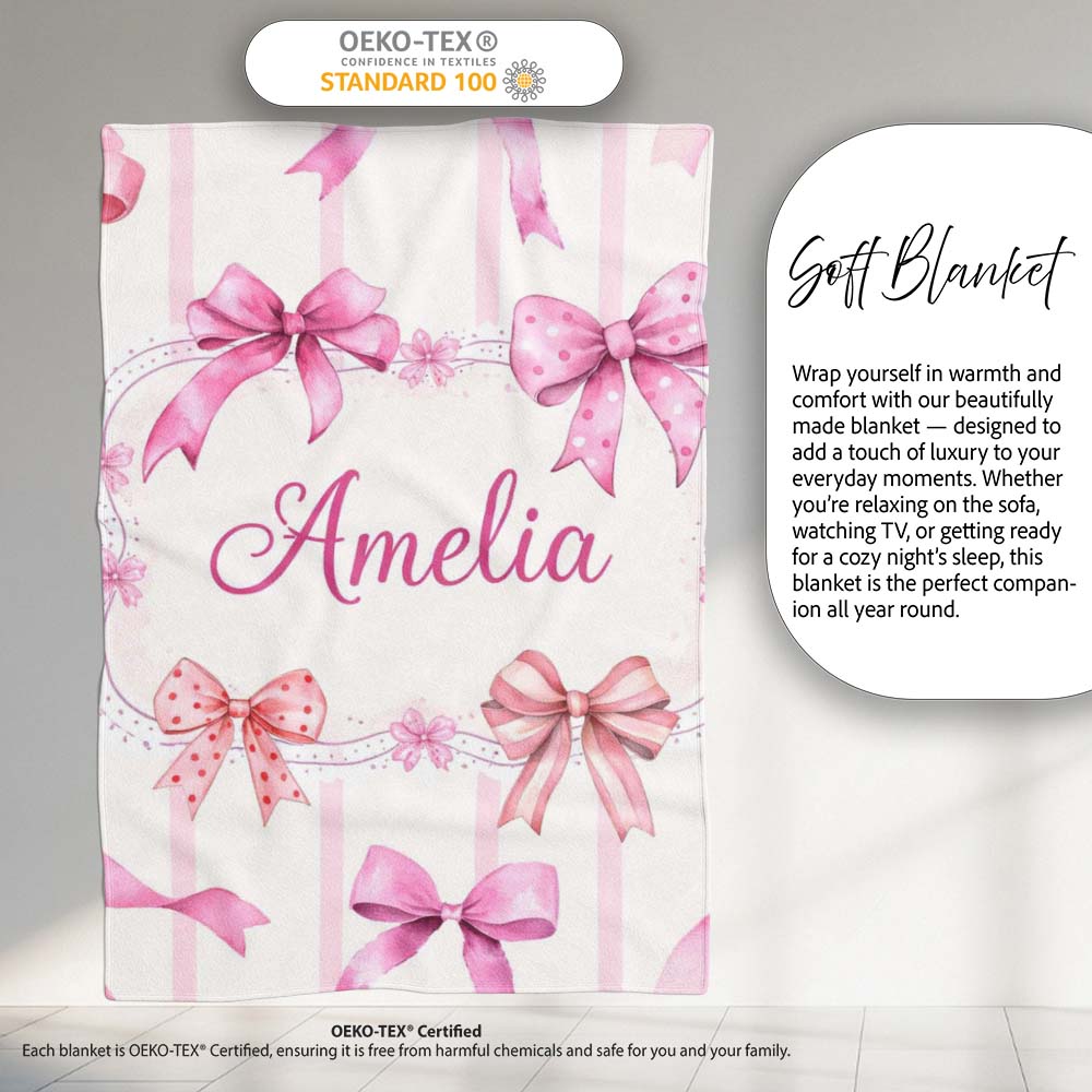 Watercolor Pink Ribbon Bow Seamless Pattern with Blush Pink Stripes  Personalised Custom Name Super Soft Fleece Blanket Bed Sofa Throw