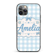 Soft Blue And White Gingham Check Printed Design Custom Name Protective Phone Case Mobile Cover Durable Everyday Smartphone Shock Resistant