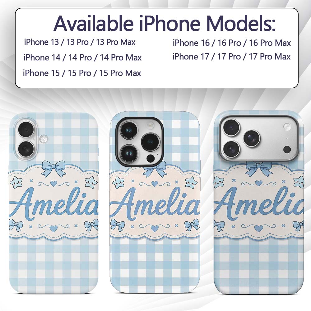 Soft Blue And White Gingham Check Printed Design Custom Name Protective Phone Case Mobile Cover Durable Everyday Smartphone Shock Resistant