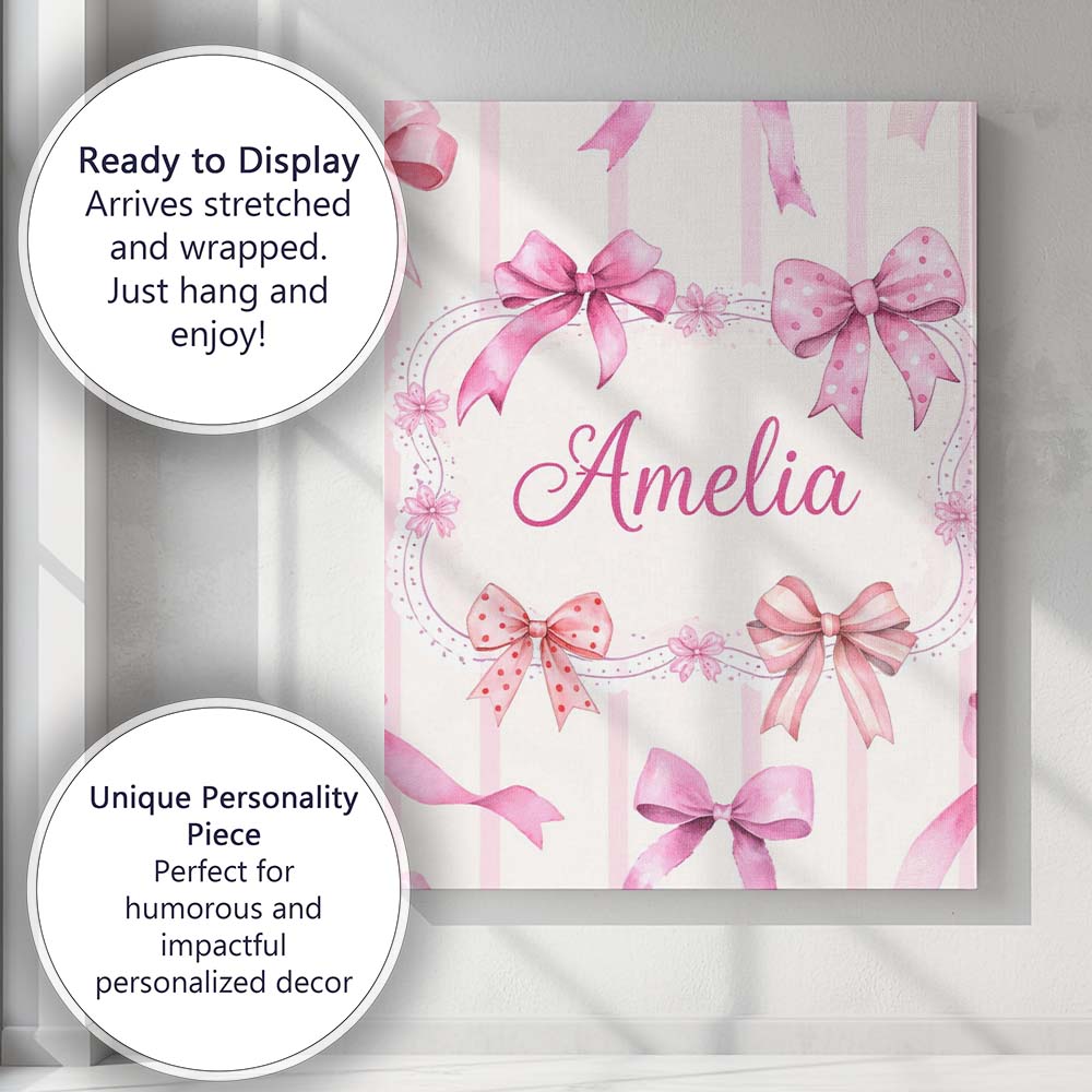 Personalised Name Watercolor Pink Ribbon Bow Seamless Pattern with Custom  Unique Canvas Wall Art Print Decor Picture Ready to Hang