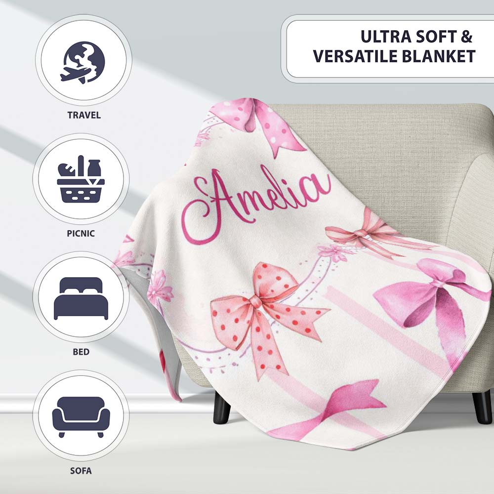 Watercolor Pink Ribbon Bow Seamless Pattern with Blush Pink Stripes  Personalised Custom Name Super Soft Fleece Blanket Bed Sofa Throw