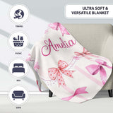 Watercolor Pink Ribbon Bow Seamless Pattern with Blush Pink Stripes  Personalised Custom Name Super Soft Fleece Blanket Bed Sofa Throw