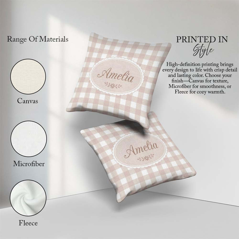 Custom Name Neutral Beige White Gingham Seamless Pattern Classic Square Filled Cushion Throw Pillow Sofa Bed Home Decor Zip Washable UK Made