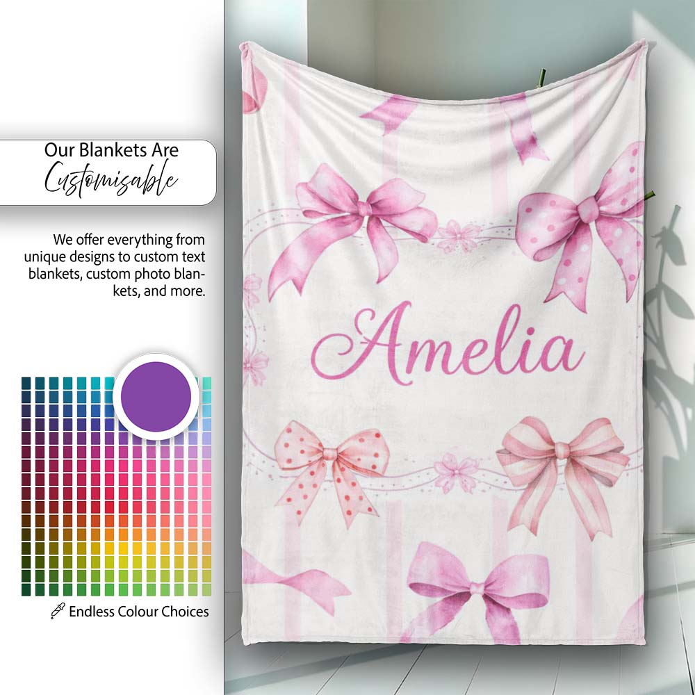 Watercolor Pink Ribbon Bow Seamless Pattern with Blush Pink Stripes  Personalised Custom Name Super Soft Fleece Blanket Bed Sofa Throw