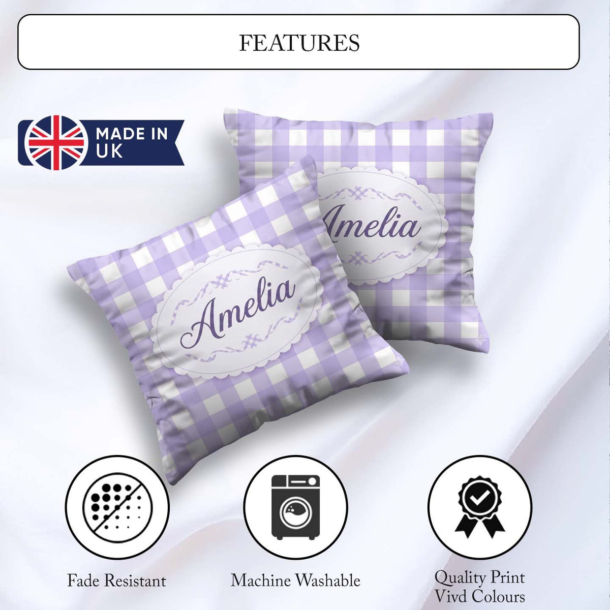Custom Name Soft Purple And White Gingham Check Seamless Pattern Square Filled Cushion Throw Pillow Sofa Bed Home Decor Zip Washable UK Made