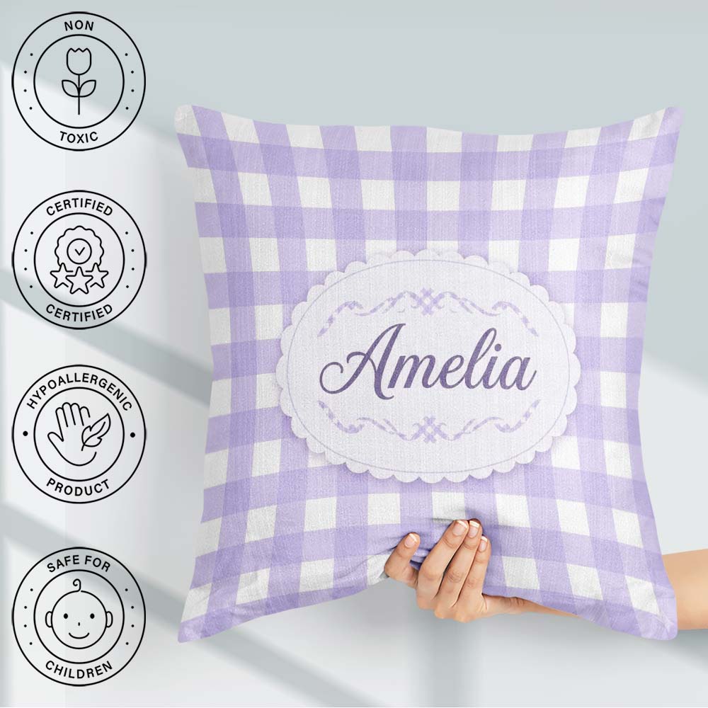Custom Name Soft Purple And White Gingham Check Seamless Pattern Square Filled Cushion Throw Pillow Sofa Bed Home Decor Zip Washable UK Made