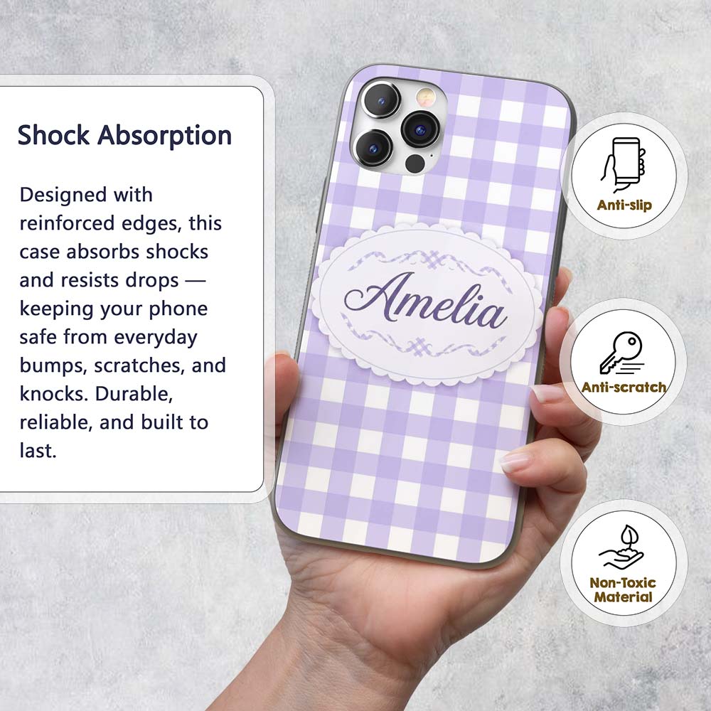 Soft Purple And White Gingham Check Seamless Custom Name Protective Phone Case Mobile Cover Durable Everyday Smartphone Shock Resistant