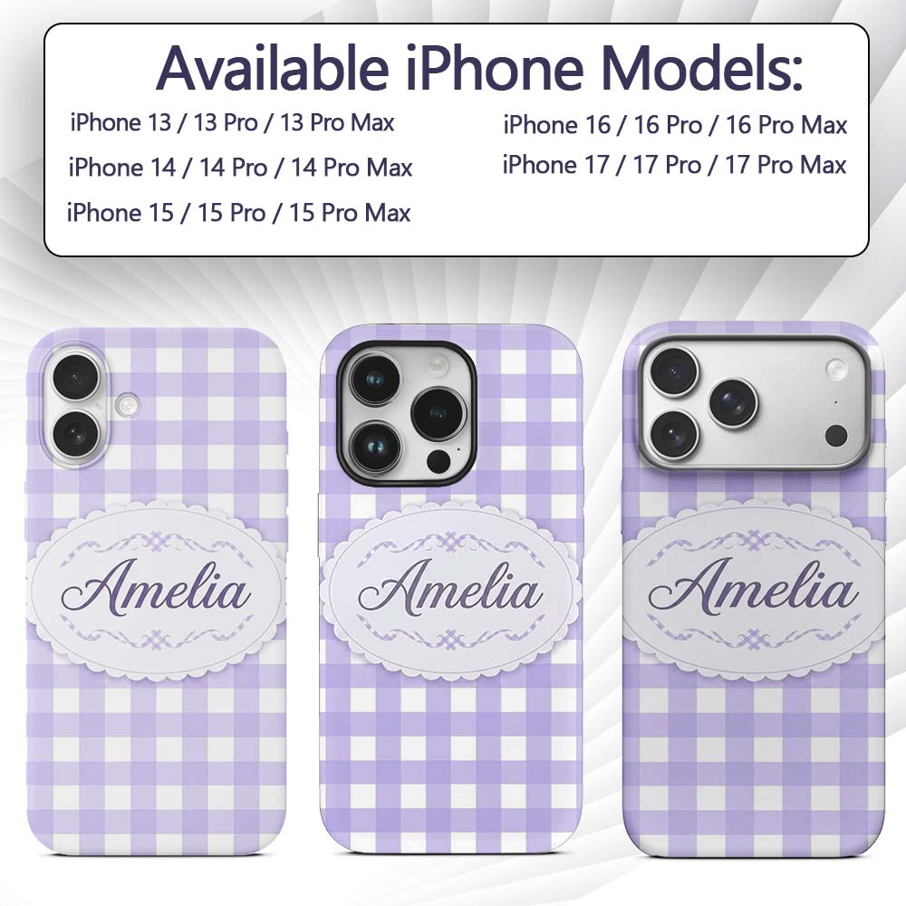 Soft Purple And White Gingham Check Seamless Custom Name Protective Phone Case Mobile Cover Durable Everyday Smartphone Shock Resistant