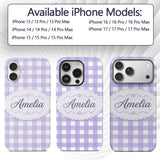 Soft Purple And White Gingham Check Seamless Custom Name Protective Phone Case Mobile Cover Durable Everyday Smartphone Shock Resistant