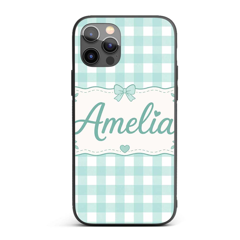 Mint Green And White Gingham Check Printed Design Custom Name Protective Phone Case Mobile Cover Durable Everyday Smartphone Shock Resistant