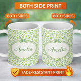 Personalized Custom Name Soft Watercolor Green Apples with Leaves Seamless Pattern Lovely 11oz Ceramic Coffee Tea Mug White Large Handle