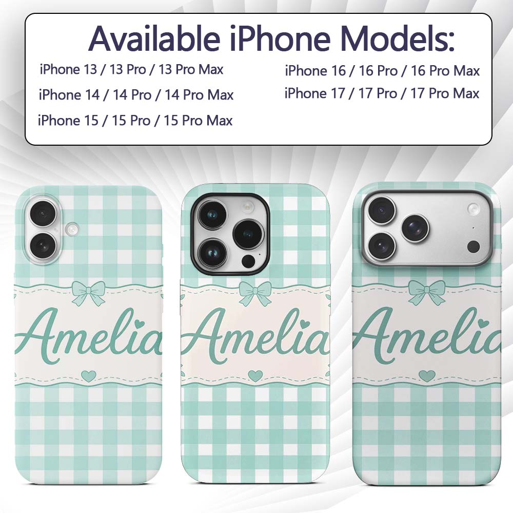 Mint Green And White Gingham Check Printed Design Custom Name Protective Phone Case Mobile Cover Durable Everyday Smartphone Shock Resistant