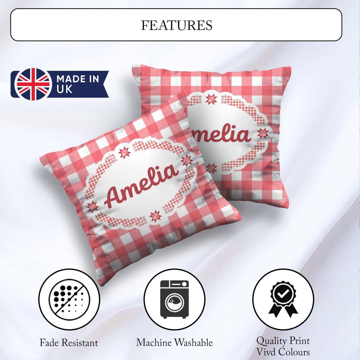 Custom Name Red And White Gingham Check Seamless Pattern Classic Square Filled Cushion Throw Pillow Sofa Bed Home Decor Zip Washable UK Made