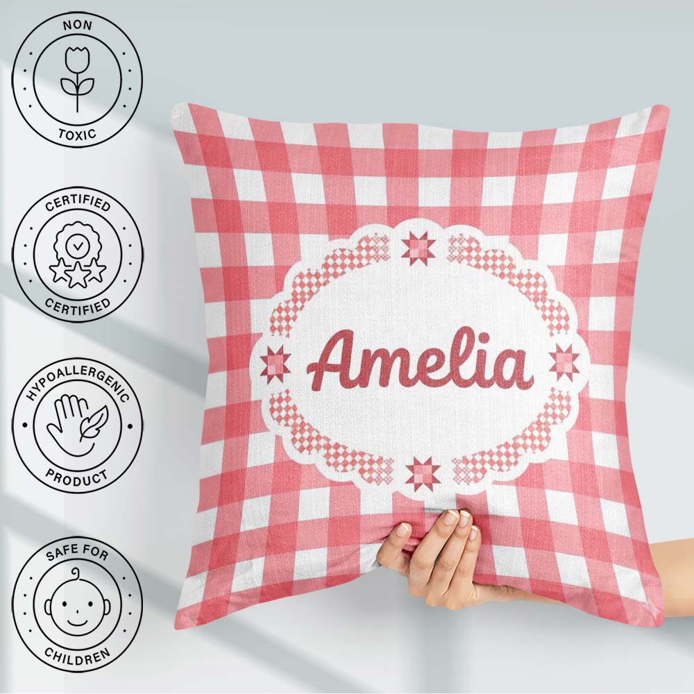 Custom Name Red And White Gingham Check Seamless Pattern Classic Square Filled Cushion Throw Pillow Sofa Bed Home Decor Zip Washable UK Made