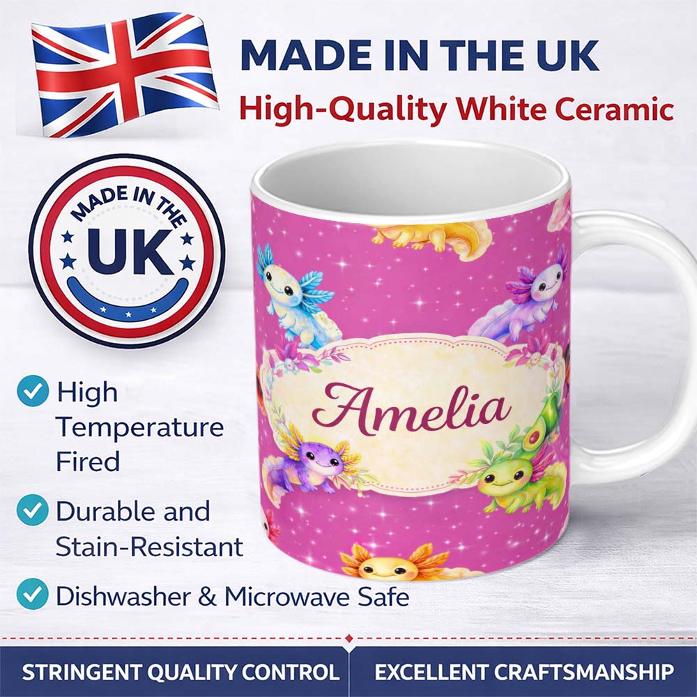 Personalized Custom Name Pink Cute Axolotl Cartoon Seamless Pattern Kawaii Fantasy Animal 11oz Ceramic Coffee Tea Mug White Large Handle