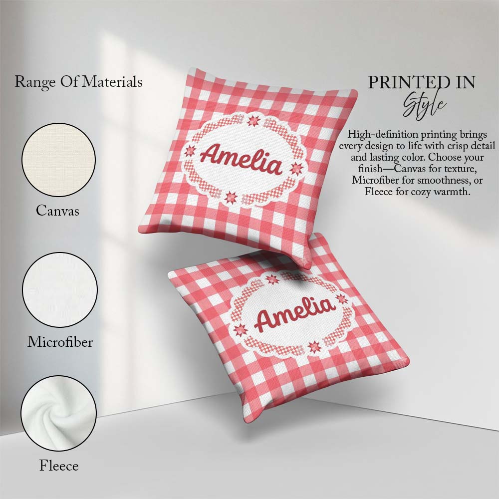 Custom Name Red And White Gingham Check Seamless Pattern Classic Square Filled Cushion Throw Pillow Sofa Bed Home Decor Zip Washable UK Made