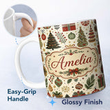 Personalized Custom Name Scandinavian Christmas Trees Gifts Baubles Festive Seamless Pattern 11oz Ceramic Coffee Tea Mug White Large Handle