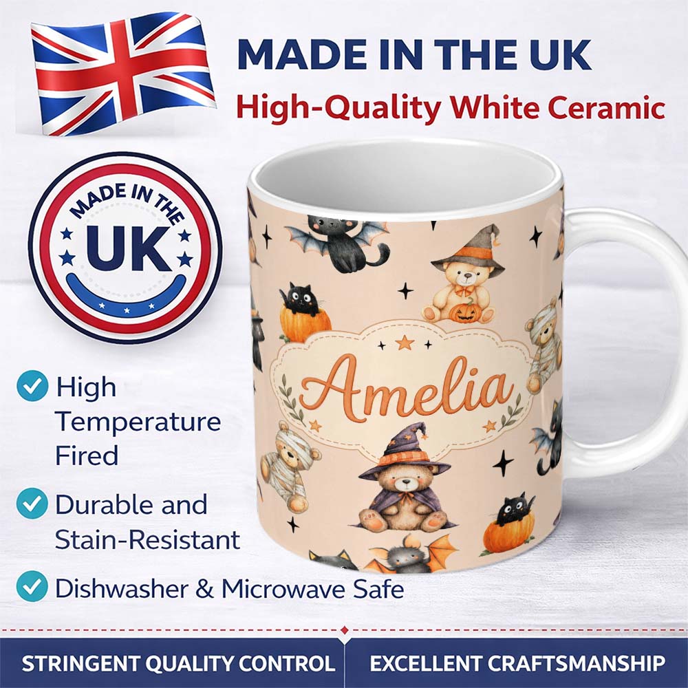 Personalized Custom Name Cute Halloween Teddy Bears Mummy Witch Cat Pumpkin Stars Beige 11oz Ceramic Coffee Tea Mug White Large Handle