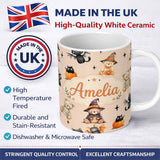 Personalized Custom Name Cute Halloween Teddy Bears Mummy Witch Cat Pumpkin Stars Beige 11oz Ceramic Coffee Tea Mug White Large Handle