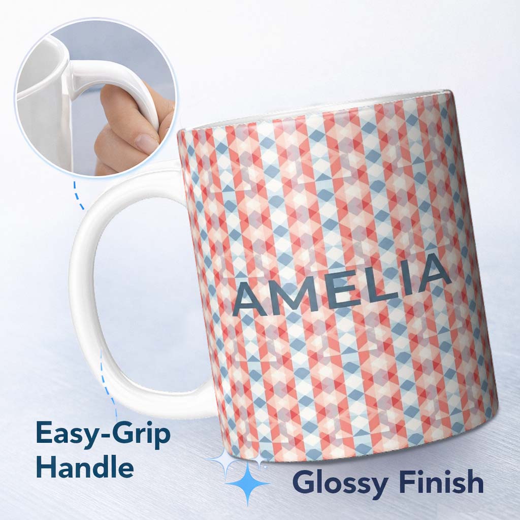 Personalized Custom Name Soft Geometric Diamond Abstract Pattern in Red and Blue Seamless 11oz Ceramic Coffee Tea Mug White Large Handle