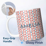 Personalized Custom Name Soft Geometric Diamond Abstract Pattern in Red and Blue Seamless 11oz Ceramic Coffee Tea Mug White Large Handle