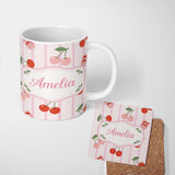 Personalized Custom Name Cherry Fruit Vertical Stripe Pink Background Seamless Pattern Lovely 11oz Ceramic Coffee Tea Mug White Large Handle