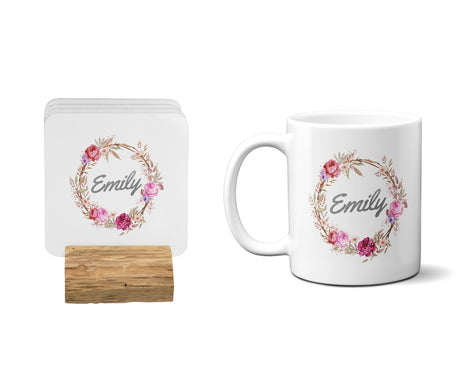 Personalised Name Floral Wreath Coffee Tea Mug Gift 11oz Mug + Coaster