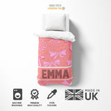 Personalised Name Coloured Pink Bows Printed Single Bed Duvet Cover + Pillowcase