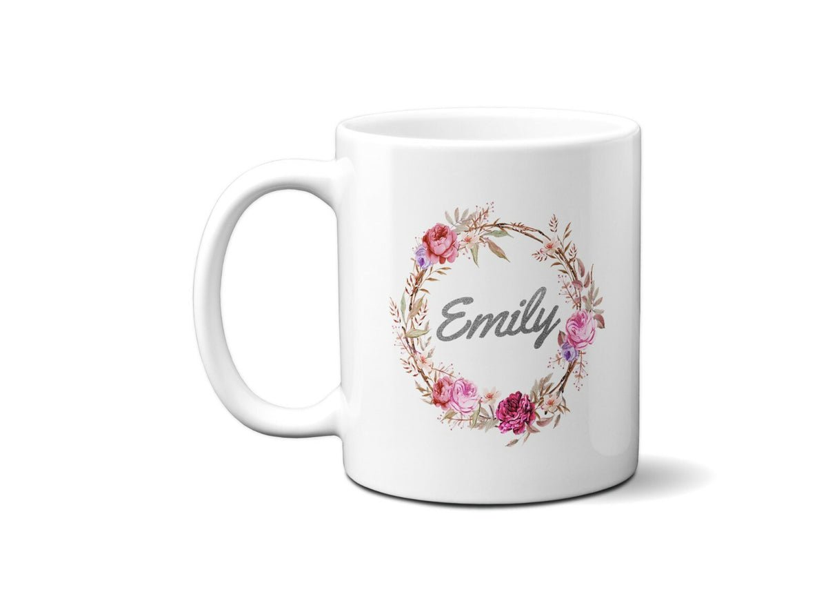Personalised Name Floral Wreath Coffee Tea Mug Gift 11oz Mug + Coaster