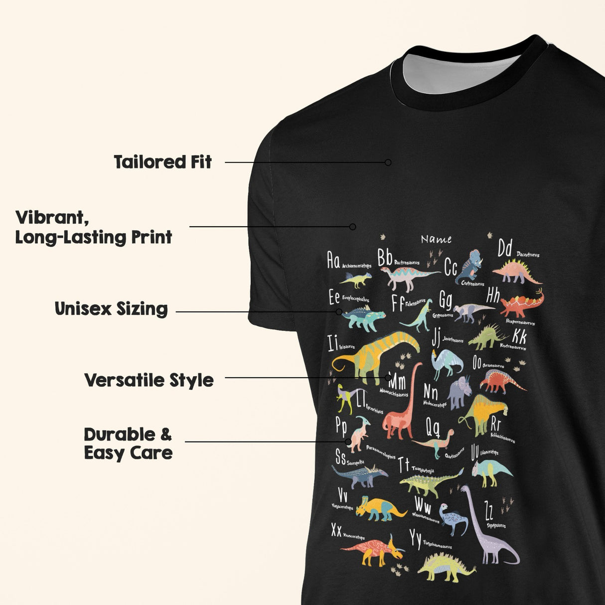 Personalised Dinosaur Alphabet T-Shirt Custom All Over Print Unisex Colour