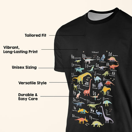 Personalised Dinosaur Alphabet T-Shirt Custom All Over Print Unisex Colour